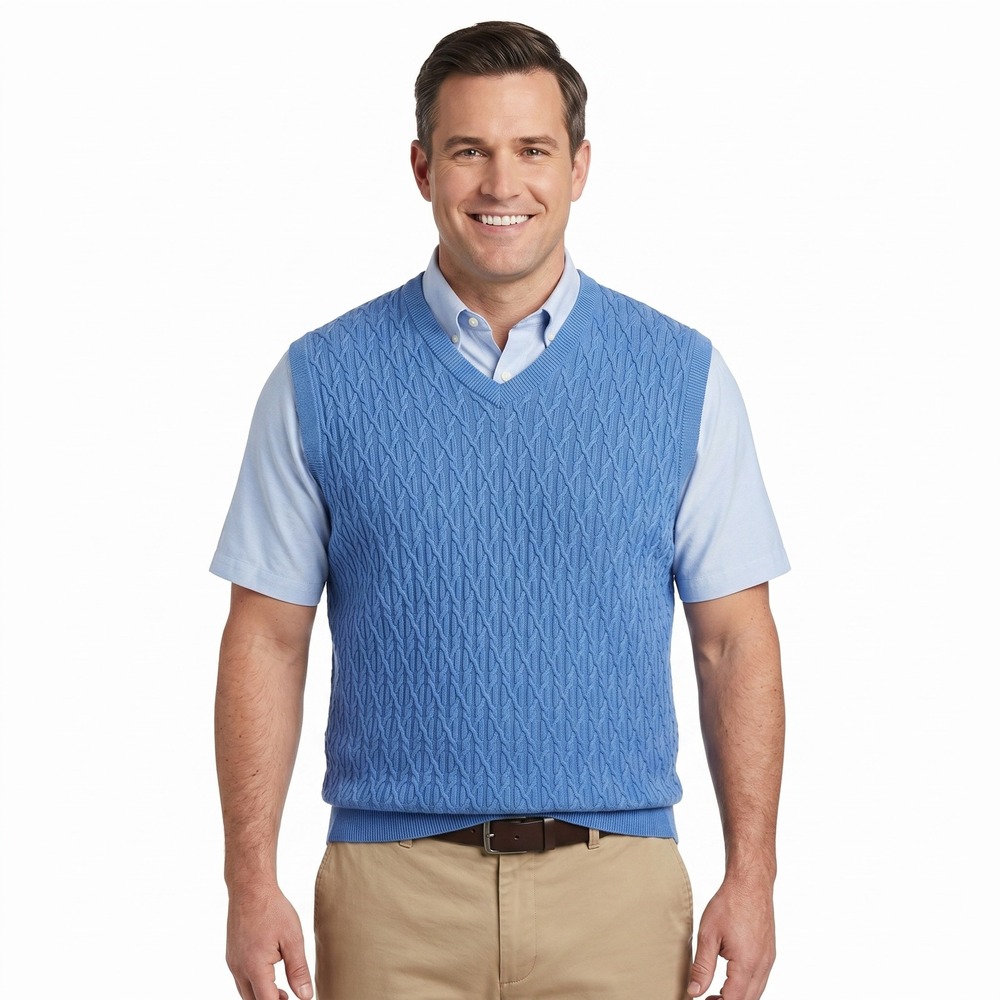 Alexander Julian Mens Blue Cable Knit V-Neck Cotton Sweater Vest Large Preppy